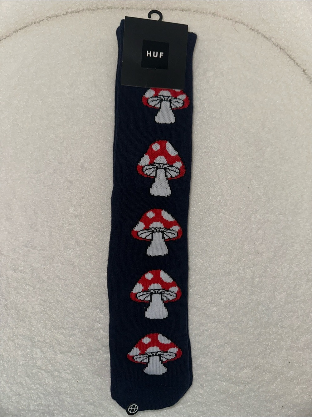 HUF Navy Blue Crew Socks with Red & White Mushroom Motif